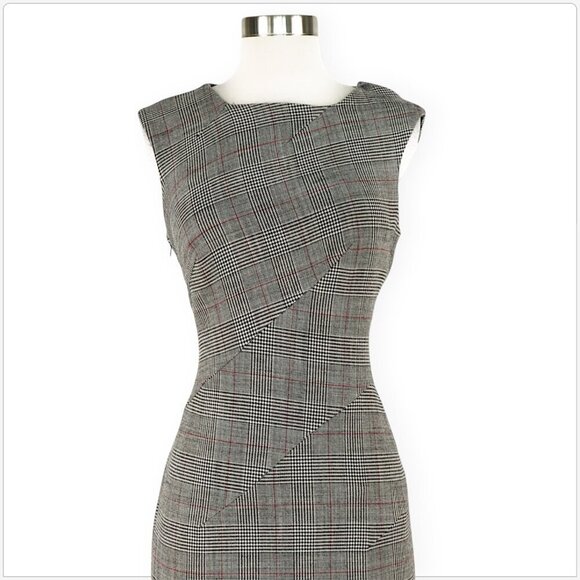 Paule Ka Paris Wool Checked Plaid Sheath Stretch Fitted Sleeveless Dress New 38 - Picture 5 of 7